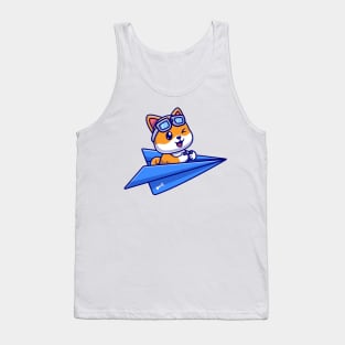 Cute Shiba Inu Dog Pilot Driving Paper Plane Cartoon Tank Top